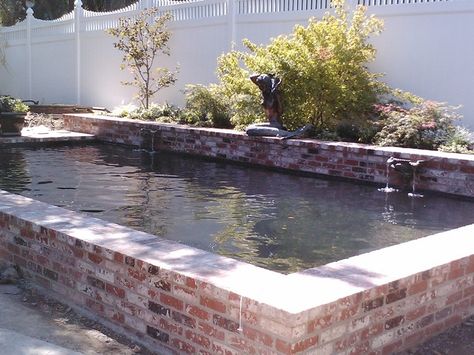 Brick Pool, Patio Chico, Fish Ponds Backyard, Raised Pools, Raised Pond, Koi Pond Design, Garden Spa, Mermaid Statue, Mermaid Water