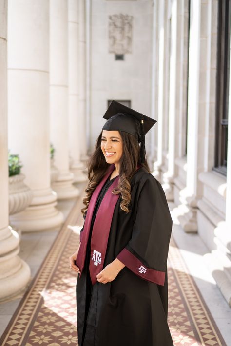 Sofia standing in her graduation cap and gown in the admin building hallway. Aggie Graduation Pictures, Big Smiles, Grad Pics, Graduation Pictures, Sofia