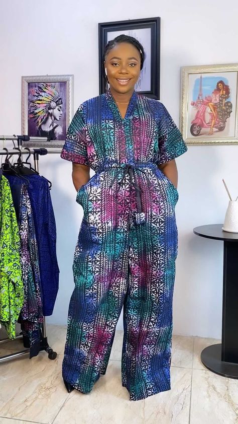 Adire Jumpsuit Styles, African Print Jumpsuits For Women, Jumpsuit Ankara, Ankara Jumpsuit Styles, Flare Outfit, African Print Pants, Ankara Jumpsuit, African Print Jumpsuit, African Ladies