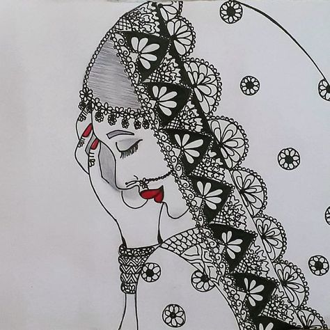 Side Mandala Art, Indian Bride Sketch, Indian Bride Drawing, Mandala Drawing Easy, Bride Sketch, Bride Drawing, Pencil Sketches Landscape, Bridal Art, Rangoli Side Designs