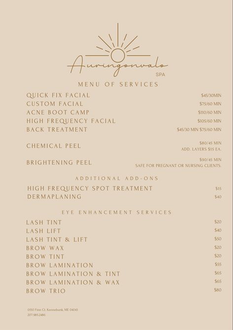 Esthetician Menu Ideas, Spa Mission Statement, Esthetician Page Ideas, Service Menu Esthetician, Esthetic Service Menu Ideas, Esthetics Service List, Esthetics Page Ideas, Esthetician Add On Services, Cute Esthetician Instagram Names