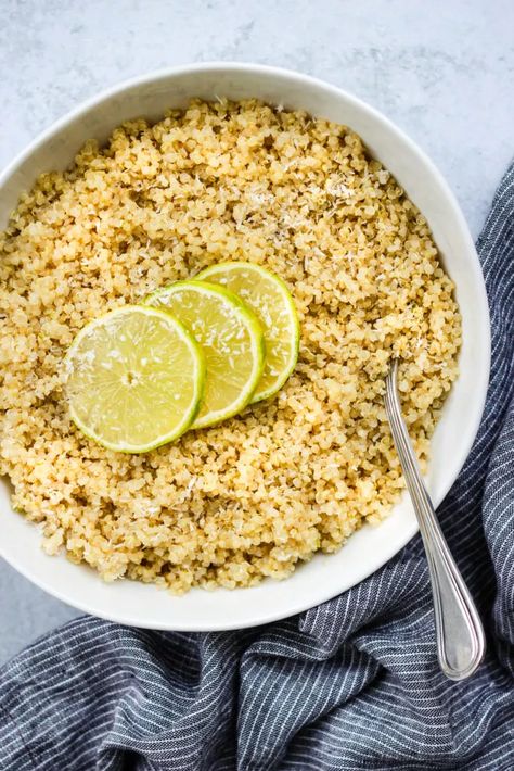 How To Cook & Season Quinoa: 3 Recipes | Walder Wellness, Dietitian Season Quinoa, Quinoa Seasoning, Quinoa Recipes Side Dish, Walder Wellness, Heart Healthy Recipes Low Sodium, Cook Quinoa, Lime Quinoa, Coconut Ginger, Quinoa Salad Recipes