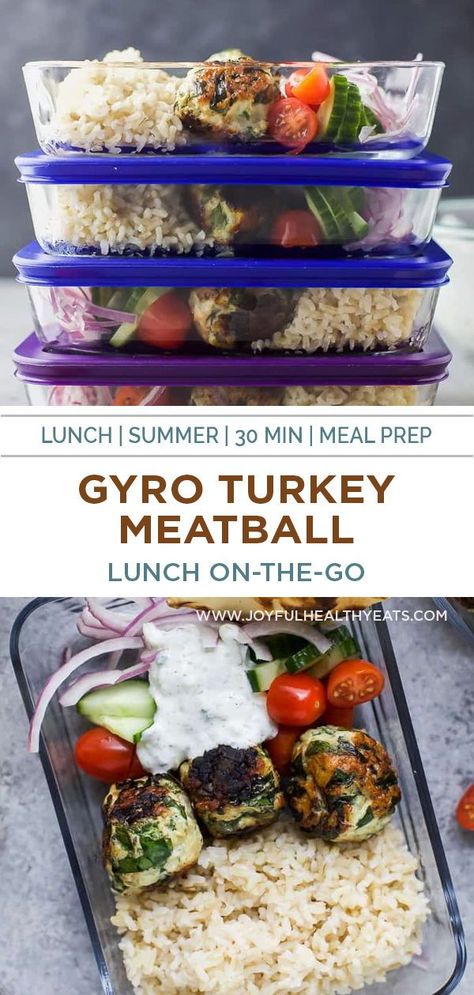 These Gyro Turkey Meatball Grain Bowls are the perfect high-protein meal prep recipe for the week! Drizzled in a creamy tzatziki sauce, they're easy to make with just 370 calories per serving! #gyrorecipes #grainbowls #mealpreprecipe #healthymealpreprecipe High Protein Meatball Meal Prep, Turkey Meatball Lunch Prep, Ground Turkey Gyro Bowl, Gyro Meal Prep, High Protein Turkey Meatballs, Turkey Meatball Lunch, Turkey Meatball Meal Prep, Turkey Meatballs Meal Prep, Turkey Meal Prep Recipes