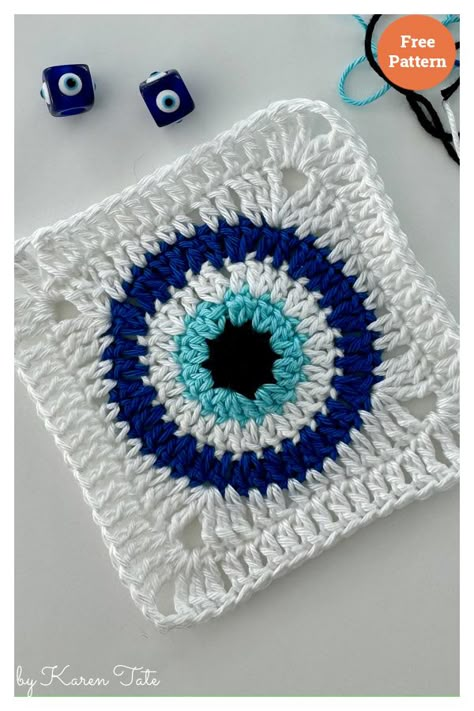 Evil Eye Granny Square Free Crochet Pattern Alien Granny Square, Connect Granny Squares Crochet, Eye Granny Square Pattern Free, Eye Granny Square, Evil Eye Granny Square, Crochet Evil Eye, Evil Eye Crochet, Evil Eye Granny Square Pattern, Eye Crochet Granny Square