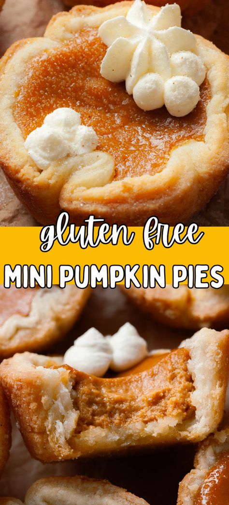 These Gluten Free Pumpkin Pies are undeniably cute and delicious. Everything you love about Pumpkin Pie, just in a bite-size version. Picture a buttery, flaky gluten free pie crust filled with a smooth and perfectly spiced pumpkin pie filling. Perfect for Thanksgiving and of course Pumpkin Season. Gluten Free Pumpkin Pie Tarts, Mini Pumpkin Pies Gluten Free, Gluten Free Thanksgiving Recipes Dessert, Pumpkin Pizzelle Recipe, Gluten Free Pie Crust Easy, Gluten Free Thanksgiving Desserts, Pumpkin Pie Gluten Free, Gluten Free Pie Dough, Gf Deserts