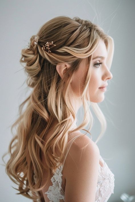 Half up half down wedding hairstyles offer a perfect blend of elegance and casual grace. Brides should check these out here. Wedding Hair With Circlet, Half Up Half Down Wedding Hair Medium Length Blonde, Partial Updos For Long Hair Wedding, Bridal Hair No Extensions, Bridal Hair Inspo Half Up, Long Bridal Hair Half Up, Half Up Half Down Hair For Wedding, Elvish Hairstyles, Wedding Half Updo