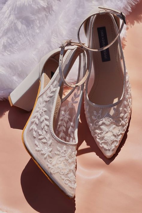 White heels with bead embroidered floral patterned sheer straps. - Aza Fashions Whimsical Wedding Heels, Vintage Wedding Shoe, Beaded Wedding Shoes, Cute Wedding Shoes Brides, Wedding Shoes Pointed Toe, Wedding Footwear For Bride, White Floral Heels, Boho Bridal Shoes, Floral Wedding Shoes