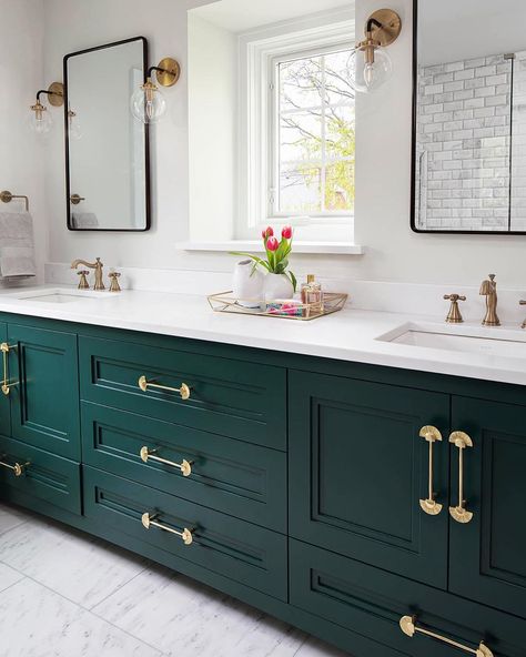 Davin Interiors on Instagram: “Sending you love💗 and luck🍀 today, inspired by a dark green bathroom we designed recently. Happy St. Patrick’s Day!” Bathroom Cabinet Colors, Dark Green Bathrooms, Green Bathroom Vanity, Master Bath Design, Master Bath Renovation, Master Bath Vanity, Master Bath Remodel, Bathroom Remodel Designs, Bathroom Inspiration Decor