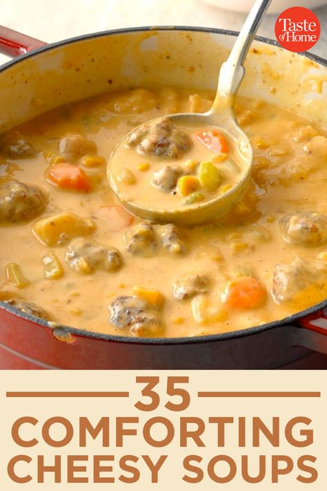 35 Comforting Cheesy Soups Cheesy Soups, Friendship Soup Recipe, Cheesy Cauliflower Soup, Cheese Soup Recipes, Cooking Soup, Best Soup Recipes, Comfort Soup, Soup Kitchen, Fall Soups