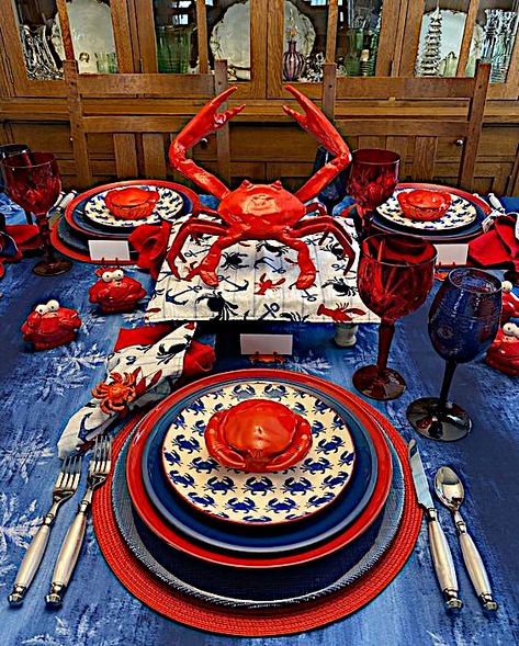 Crab Table Setting, Seaside Tablescape, Crab Table, Themed Tablescapes, Crab Party, Dinner Tablescape, As The Crow Flies, Crab Bisque, Summer Table Settings