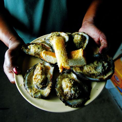 Casamento's Charbroiled Oysters Charbroiled Oysters Recipe, Charbroiled Oysters, Mardi Gras Recipes, Grilled Oysters, Mardi Gras Food, Oyster Recipes, Fresh Oysters, Shellfish Recipes, Cajun Recipes