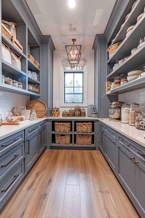 Should You Include a Pantry Window In Your Home? Butlers Kitchen Pantry, Pantry With Lower Cabinets, Simple Butlers Pantry, Butlers Pantry With Window, Walk In Pantry With Window, Large Pantry Ideas, Walk In Butlers Pantry, Blue Pantry Cabinets, Pantry Behind Kitchen Wall