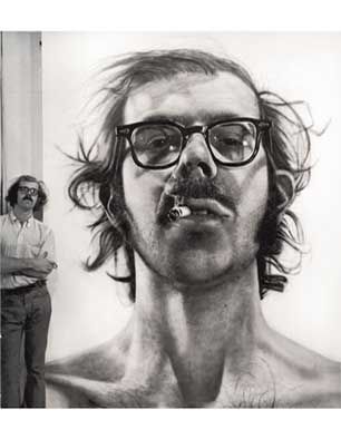 Chuck Close, Big Self-Portrait, 1967–1968 acrylic on gessoed canvas 107.5 x 83.5 in. (273.1 x 212.1 cm)  Close is a photorealist artist known for his portraiture. The meticulous nature of his images reflects how he sees the world. He has prosopagnosia- an inability to recognize faces. He can remember things that are flat which is why he works from pictures.   Q. What skill or challenge effects how you see the world? Does your unique perspective inform how you see yourself or others? Chuck Close Paintings, Chuck Close Art, Chuck Close Portraits, Portrait Art Drawing, Gottfried Helnwein, Photorealistic Portraits, Close Portrait, Chuck Close, Oki Doki