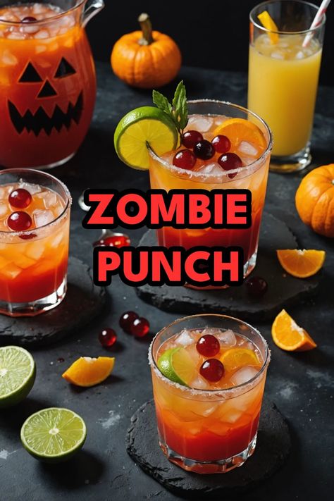 A photo of a  Zombie Punch which is a type of halloween cocktails Halloween Sorbet Punch, Halloween Alcoholic Drinks For A Party Punch, Fruity Halloween Alcohol Drinks, Alcohol Free Halloween Drinks, Adult Halloween Drinks Punch, Alcholic Halloween Drinks Easy, Halloween Drinks For A Crowd, Spooky Alcoholic Drinks Easy, Zombie Cocktail Recipe