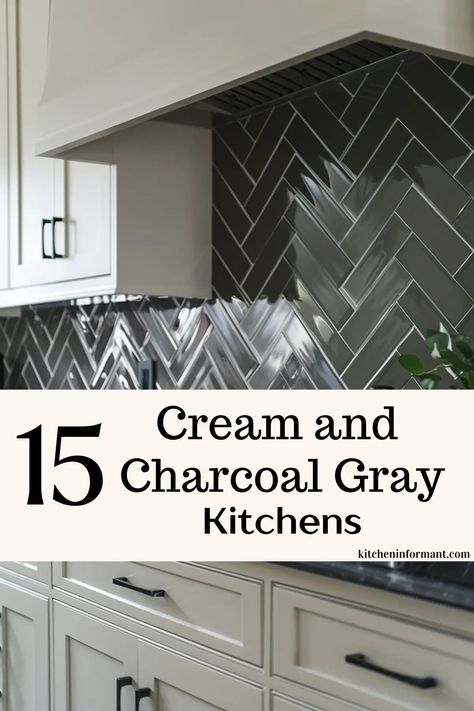 15 Cream and Charcoal Gray Kitchens Graphic. Charcoal And Cream Kitchen, Kitchens With Gray Countertops, Gray Countertop Kitchen, Charcoal Grey Cabinets, Dark Grey Cabinets Kitchen, Grey Kitchen Decor Ideas, Grey Quartz Countertops Kitchen, Kitchen With Gray Countertops, Gray Marble Kitchen