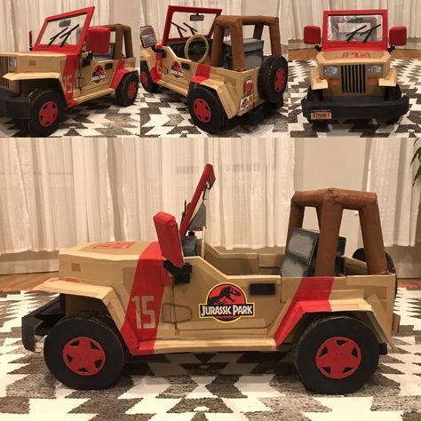 Jurassic Park jeep made of cardboard boxes Jurassic Jeep Cardboard, Diy Jurassic Park Jeep Cardboard, Boxcar Ideas Cardboard Boxes, Jurassic Park Jeep Diy, Kindy 500 Ideas, Jeep Cardboard Box Car, Jurassic Park Jeep Cardboard, Jurassic Park Valentine Boxes, Safari Jeep Cardboard Diy