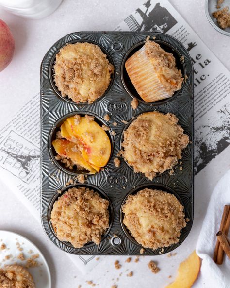 Peach Crumble Muffins, Brown Butter Muffins, Butter Crumble Topping, Peach Muffin, Peach Muffin Recipes, Peach Cobbler Muffins, Kitchen Aide, Coffee Muffins, Crumble Muffins