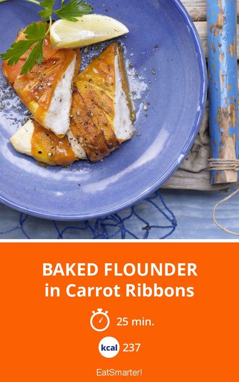 Baked Flounder - in Carrot Ribbons - few calories - quick recipe - simple dish - So healthy is the recipe: 94.0/10 | A recipe idea by EAT SMARTER | Paleo Diet, Slim Down While You Sleep Diet, Gluten-free, Gluten-free Dinner, Gluten-free Fish Recipe, Gluten-free Lunch, lactose-free, Lactose-free Fish, non-alcoholic, Meal for Two, Main Course, low-carb, low-carb #fish #healthyrecipes Gluten Free Fish Recipes, Carrot Ribbons, Flounder Recipes, Gluten Free Fish, Meal For Two, Free Lunch, Gluten Free Lunch, Recipe Simple, Carb Free