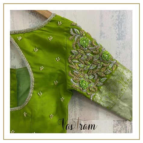 Silver Work On Green Blouse, Green And Silver Blouse Designs, Green Bridal Blouse Designs, Green Saree Pink Blouse Designs, Work Blouse Hand Designs, Green Blouse Designs, Magam Work, Blouse Maggam Work, Silk Saree Blouse Designs Patterns