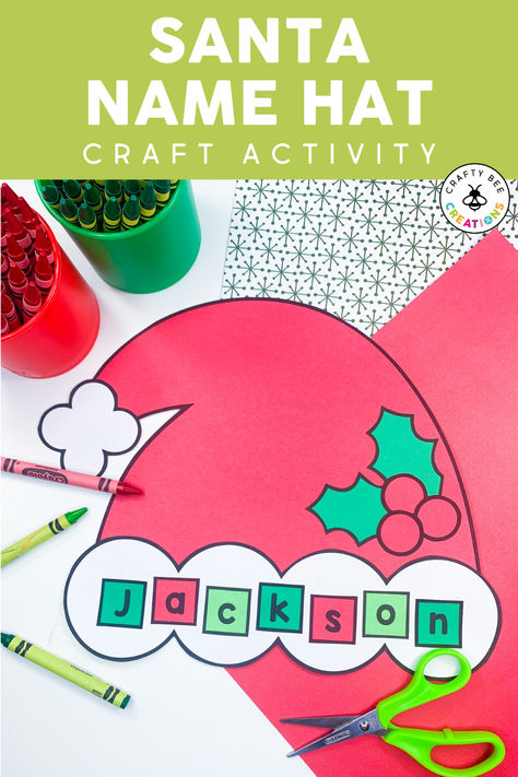 Add this Santa Name Craft to your list of activities for December. Preschool, kindergarten, and first grade students will enjoy piecing together the cute Santa hat and adding their personalized name. Use it for classroom celebrations, literacy centers, morning work, extra practice, and decorations around the room! The kid-friendly patterns are easy for students to cut and make the cutest bulletin board for Christmas and the holiday season! Great for name recognition too! December Name Crafts, Kindergarten Christmas Crafts For Gifts, Stocking Art Project For Kids, Christmas Arts And Crafts For Preschool, Stocking Craft Preschool, Christmas For Preschoolers, Christmas Learning Activities Preschool, December Themes For Preschool, December Bulletin Boards For Preschool