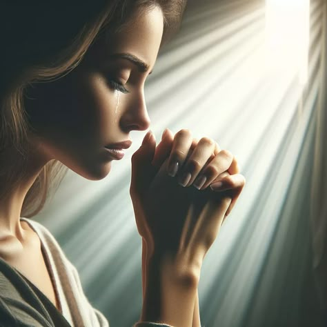 A woman in a serene, softly lit environment, her eyes closed with tears streaming down her cheeks as she clasps her hands tightly together in prayer. The background suggests a peaceful, sacred space, possibly with soft beams of light filtering through a window, casting gentle shadows. The image embodies a moment of deep emotional connection and spirituality, capturing the essence of hope,... Praying Pictures Photography, Love In Bible, Praying Images, Dduk, Prayer Images, Through A Window, 18th Century Paintings, Chicano Tattoos, Cute Mobile Wallpapers