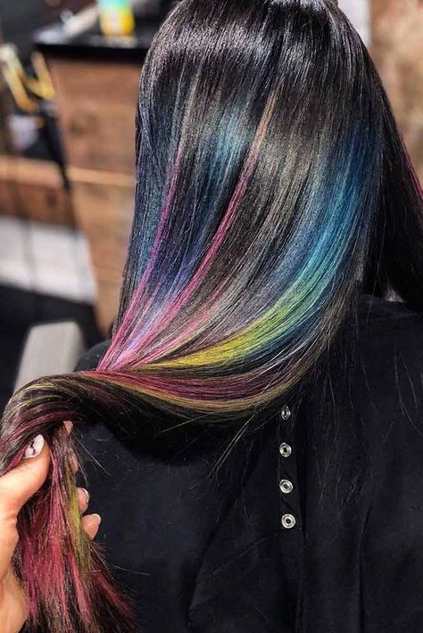 Rainbow Highlights #rainbowhair #brunette #highlights Peekaboo Hair Color Ideas, Rainbow Hair Color Ideas, Peekaboo Hair Color, Highlights Brunette, Oil Slick Hair, Rainbow Highlights, Peekaboo Hair Colors, Blonde Dye, Mermaid Hair Color