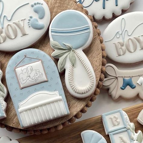 BELLA’S Perfections on Instagram: "Oh Boy! Baby boy shower cookies.  . . . . Custom block cutter made by @bellasperfections  Crib inspo by @hanamade.cookies Clothesline cutter @themillerswifecustomcookies  Rattle cutter @charlson_cookieco  Scallop cutter @maisonscustomcutters  Stroller cutter @thecookiery.ca  . . . #babyshowercookies #babyboycookies #rattlecookies #babyonsie #denvillenj #sugarcookies #babyblocks #babyboyshowercookies #royalicingtransfers #babyshower #mybaby #ohbaby #ohboy #eddieprinter" Baby Boy Shower Cookie Ideas, Baby Rattle Cookies Decorated, Baby Boy Shower Cookies Decorated, Rattle Cookies Decorated, Oh Boy Cookies, Baby Boy Cookies Decorated, Gingham Cookies, Baby Shower Boy Cookies, Baby Cookies Decorated