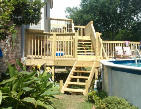 Fabulous two story deck to accompany an above ground pool. Second Story Deck, Son House, Pool Deck Plans, Pool Gate, Living Pool, Swimming Pool Decks, Above Ground Pool Landscaping, Above Ground Pool Decks, Backyard Pool Landscaping