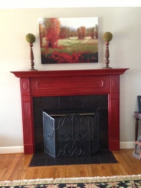 Painted Mantle Ideas, Painted Fireplaces, Red Fireplace, Fireplace Painting, Faux Mantel, Painted Mantle, Fireplace Walls, Fireplace Makeovers, Painted Fireplace