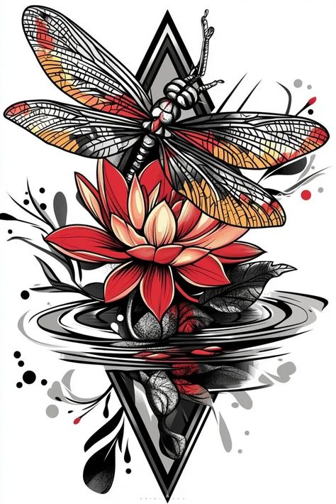 Tattoo idea: tattoo sketch A mystical dragonfly hovering over a pon Steampunk Dragonfly Tattoo, Dark Dragonfly Tattoo, Traditional Dragonfly Tattoo, Symmetrical Tattoo, Dragonfly Drawing, Japanese Flower Tattoo, Tarot Tattoo, Tarot Card Tattoo, Idea Tattoo