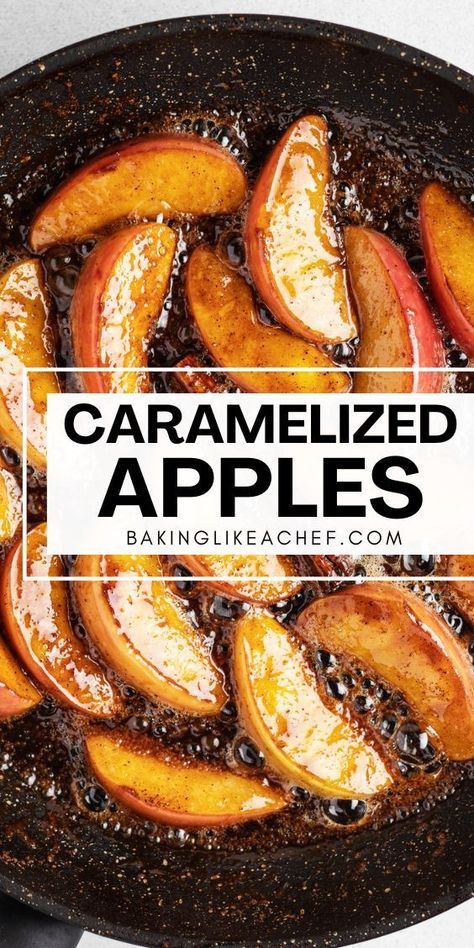 Caramelized apples in a frying pan. How To Caramelize Apples, Apple Ice Cream Recipe, Sauted Apples, Carmel Apple Recipe, Sauteed Apples, Quick Apple Dessert, Baked Caramel Apples, Caramel Apple Desserts, Caramelized Fruit