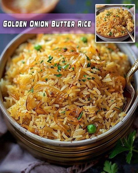 Yay Recipes - Golden Onion Butter Rice  Ingredients 1,... Macaroni Dishes, Buttered Rice Recipe, Onion Rice, Onion Butter, Rice Side Dish Recipes, Main Course Dishes, Rice Side Dishes, Rice Dish, Butter Rice