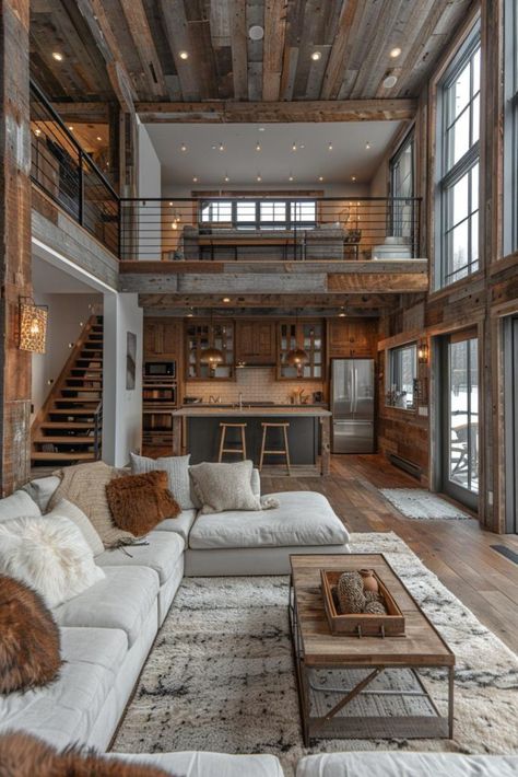 Barndominium Art Studio, Custom House Ideas Interiors, Industrial Building Home, Cabin With Loft Interior, Barn House Aesthetic, Modern Ranch House Interior Design, Barn Turned Into House, Farm Style House Interior, Barndo Loft