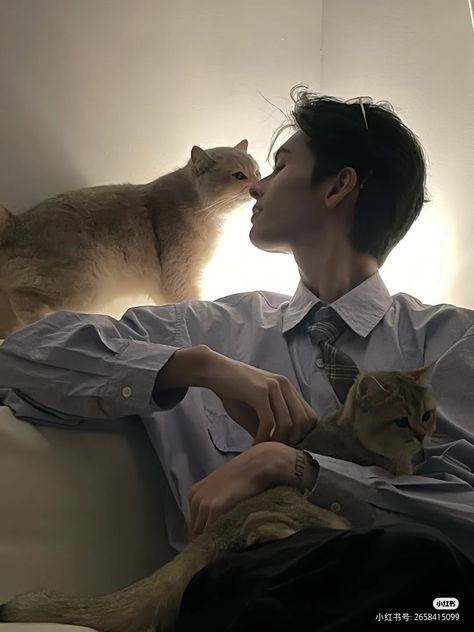 Cat Pose Reference Human, Male Refrence Pose, Guy Holding Cat, Pose References Male, Male Reference Photo, Two Guys Pose Reference, Guy With Cat, Man With Cat, Man Looking Up