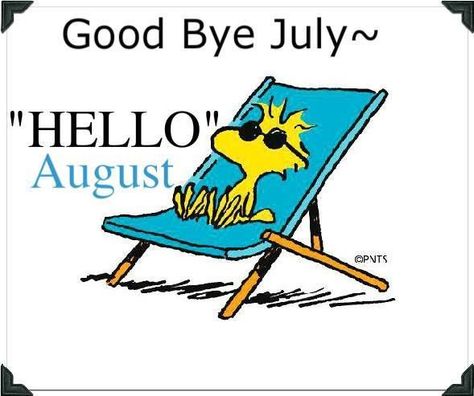 Goodbye July, Hello August, Cartoon Character, Woodstock, Snoopy, Sunglasses, Blue