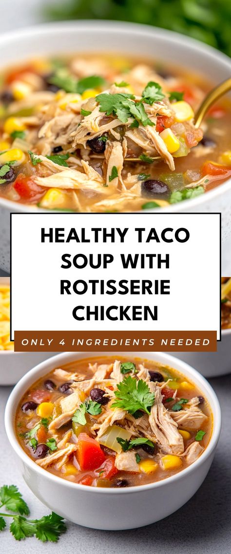 Image for Healthy Taco Soup with Rotisserie Chicken Healthy Soup With Rotisserie Chicken, Taco Soup With Rotisserie Chicken, Crockpot Chicken Taco Soup Recipes, Rotisserie Chicken Taco Soup, Rotisserie Chicken Soup Recipes Crockpot, Rotisserie Chicken Meals Dinners, Rotisserie Chicken Healthy Recipes, Healthy Chicken Soups, Easy Recipes With Rotisserie Chicken