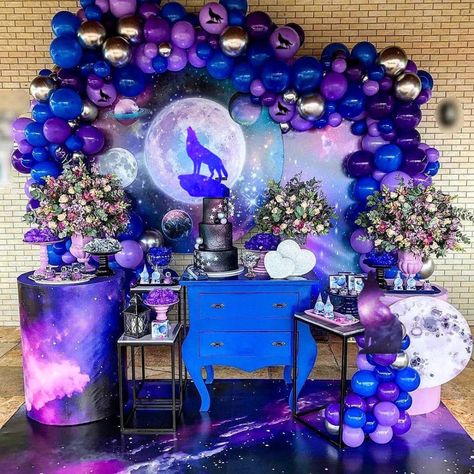 Wolf Birthday Party, Wolf Party, Wolf Birthday, Disney Villain Party, Purple Birthday Party, Decoration Balloon, Birthday Party Design, Moon Party, Space Birthday Party