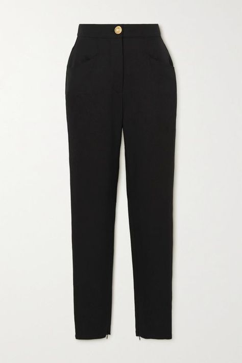 Women's Balmain Stretch-wool Crepe Skinny Pants - Black - Straight-leg pants Balmain's pants have a skinny fit that'll work with equally streamlined blazers or something more oversized and boxy. They're made from black wool-crepe blended with stretch for comfort and sit high on the waist. Tuck in your shirt to show off the signature gold-tone button. Balmain Pants, Balmain Clothing, Wool Crepe, Fashion Aesthetics, Straight Leg Trousers, Black Blazer, Black Stretch, Black Wool, Straight Leg Pants