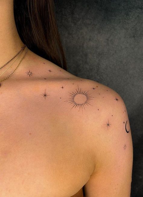 Elegant Tattoos Collar Bone, Celestial Floral Tattoo Sleeve, Gemini Shoulder Tattoos For Women, Delicate Collar Bone Tattoos For Women, Capricorn Sun Tattoo, Sun Moon Collar Bone Tattoo, Stars Around Scar Tattoo Design, Sunshine And Moon Tattoo, Sun And Moon Tattoo With Flowers