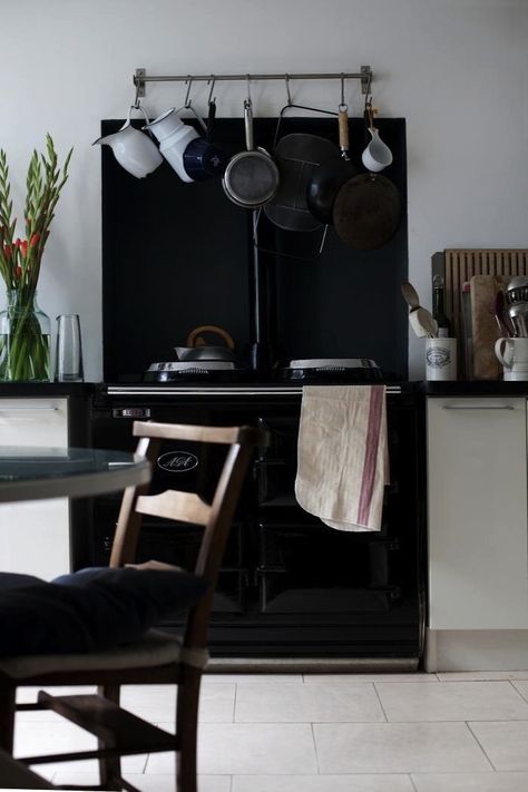 Stylist Louise Grey’s kitchen from Reader Rehab: A London Stylist at Home in the Kitchen. Aga Kitchen, Kitchen London, Open Plan Living And Dining, Black Backsplash, Farmhouse Backsplash, Beadboard Backsplash, Herringbone Backsplash, Rustic Kitchen Design, Kitchen Farmhouse