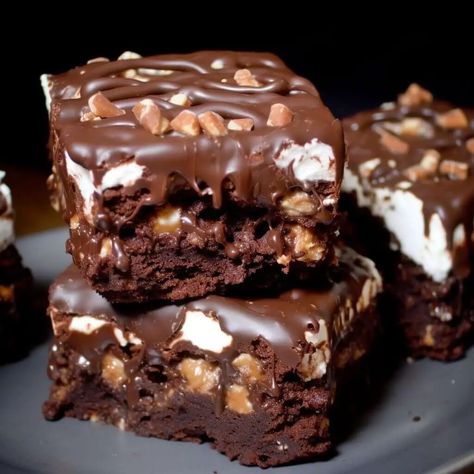 Brownie Bomb Bars - Life with Susan Brownie Bomb, Double Chocolate Brownies, Caramel Bits, Marshmallow Creme, No Bake Bars, Cookie Crust, Unsweetened Applesauce, Cookie Crumbs, Indulgent Desserts