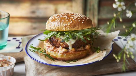 Pork and chorizo burgers recipe - BBC Food Chorizo Burger Recipe, Chorizo Burgers, Summer Burger, Marcus Wareing, Summer Burgers, Chorizo Burger, Barbecue Chicken Wings, Burger Recipes Beef, Fried Chicken Burger