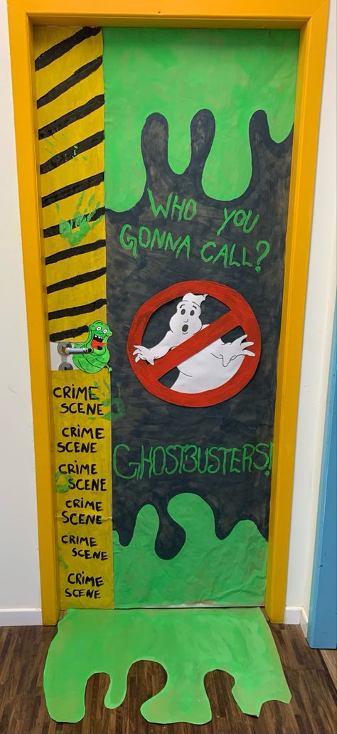 Funny Halloween Door Contest, Ghost Busters Bulletin Board Ideas, Halloween Door Decorations Dorm Room, Ghostbusters Door Decorations Classroom, Wednesday Addams Door Decoration, Ghost Busters Door Decorations Classroom, Ghost Buster Door Decoration, Ghostbusters Classroom Door, Ghostbusters Party Decorations