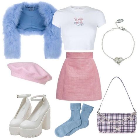 Y2k Car Interior, Doodles Y2k, Y2k Drawings Easy, Duck Nails Y2k, Y2k Duck Nails, Blue And Pink Outfit, Pink And Blue Outfit, Preformance Outfits, Clueless Outfits