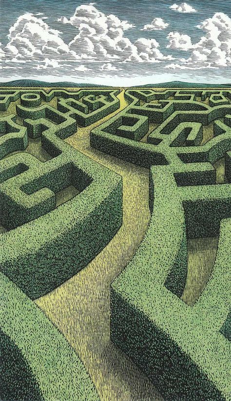 Douglas Smith illustration Scratchboard Artists, Maze Drawing, Labyrinth Garden, Douglas Smith, Labyrinth Maze, Art Appliqué, Arte Inspo, Labyrinth, Vintage Illustration