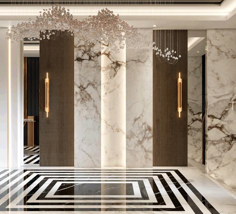 LUXURY MODERN BUILDING ENTRANCE :: Behance Entrance Lobby Design Residential Flat, Entry Foyer Ideas Entrance Modern, Entrance Foyer Design Luxury, Modern Building Entrance, Modern Entryway Chandelier, Entryway Chandelier Modern, Entrance Lobby Design Residential, Lobby Design Residential, Lobby Flooring