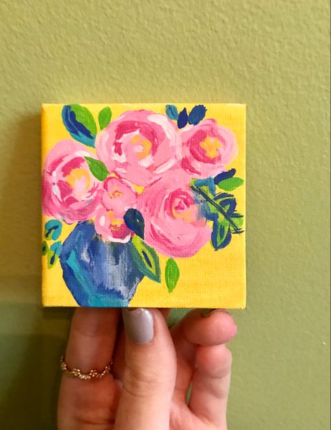 Flower Canvas Ideas, Mini Floral Paintings, Mini Canvas Flower Paintings, Small Painting Ideas Mini Canvas, Abstract Painting Diy, Painting Flowers Tutorial, Acrylic Art Projects, Tiny Art, Acrylic Painting Flowers