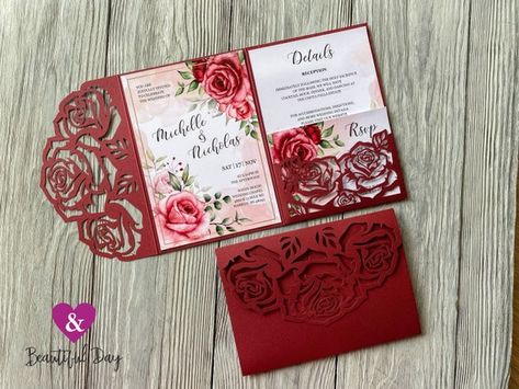 Burgundy rose flowers tri-fold wedding invitation, Laser cut quinceanera marsala invitation, Red roses pocketfold invitation envelope Tri Fold Wedding Invitations, Marsala Wedding Invitation, Flowers Invitation, Diy Laser Cut, Pocketfold Invitations, Cricut Wedding, Pocket Envelopes, Invitation Envelope, Indian Wedding Invitations