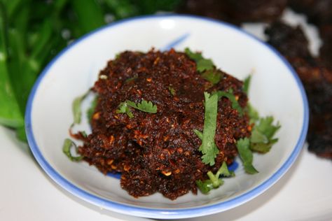 Lao Jeow Bong (recipe) Hmong Food, Cambodian Food, Khmer Food, Laos Food, Asian Sauce, Asian Inspired Recipes, Thai Dishes, Asian Flavors, Vietnamese Recipes