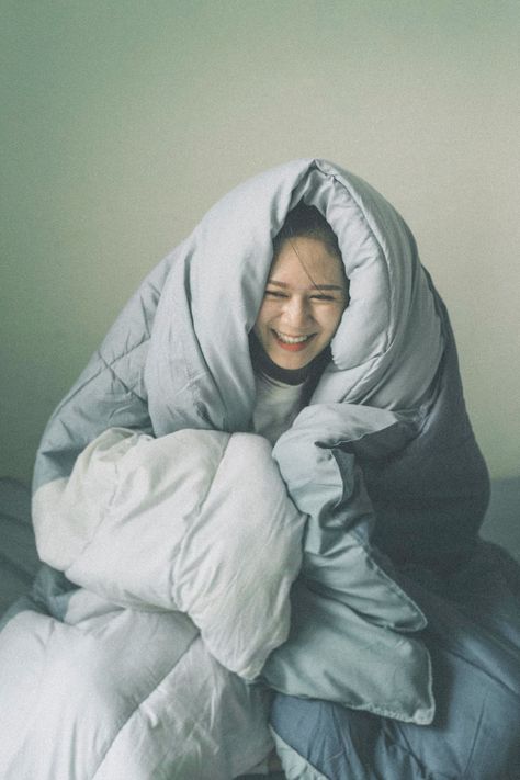 Woman Wrapped In Blanket, Person Wrapped In Blanket, Blanket Reference, Bed Top View, Huge Blanket, Sitting On Bed, Acne Denim, Denim Projects, Human Reference